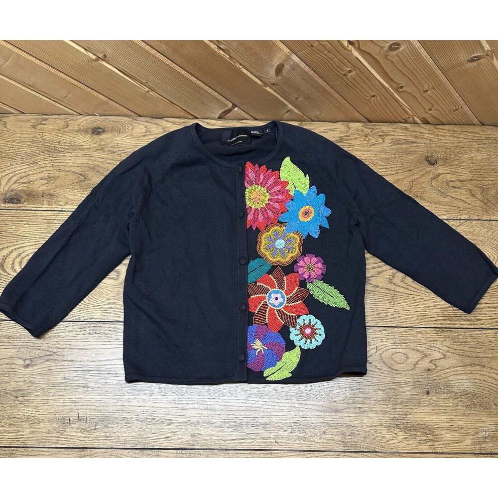 Michael Simon Small Beaded Embroidered Floral Flower Sweater Cardigan Black EUC‎